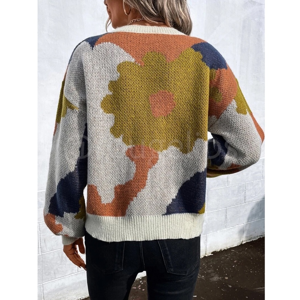 Floral Print Pullover Knit Sweater Multicolor Crew Neck Long Sleeve - Picture 6 of 7